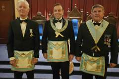 W. Bro. Bruce M. Burns, last master of Nipissing Lodge No. 420, W. Bro. Thomas J. Brown, master of North Bay Nipissing Lodge No. 420, and W. Bro. Timothy Wright, last master of North Bay Lodge No. 617, and newly invest Immediate Past Master