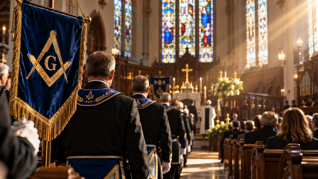 Masonic procession with a blue and gold banner in a church with stained-glass windows.
